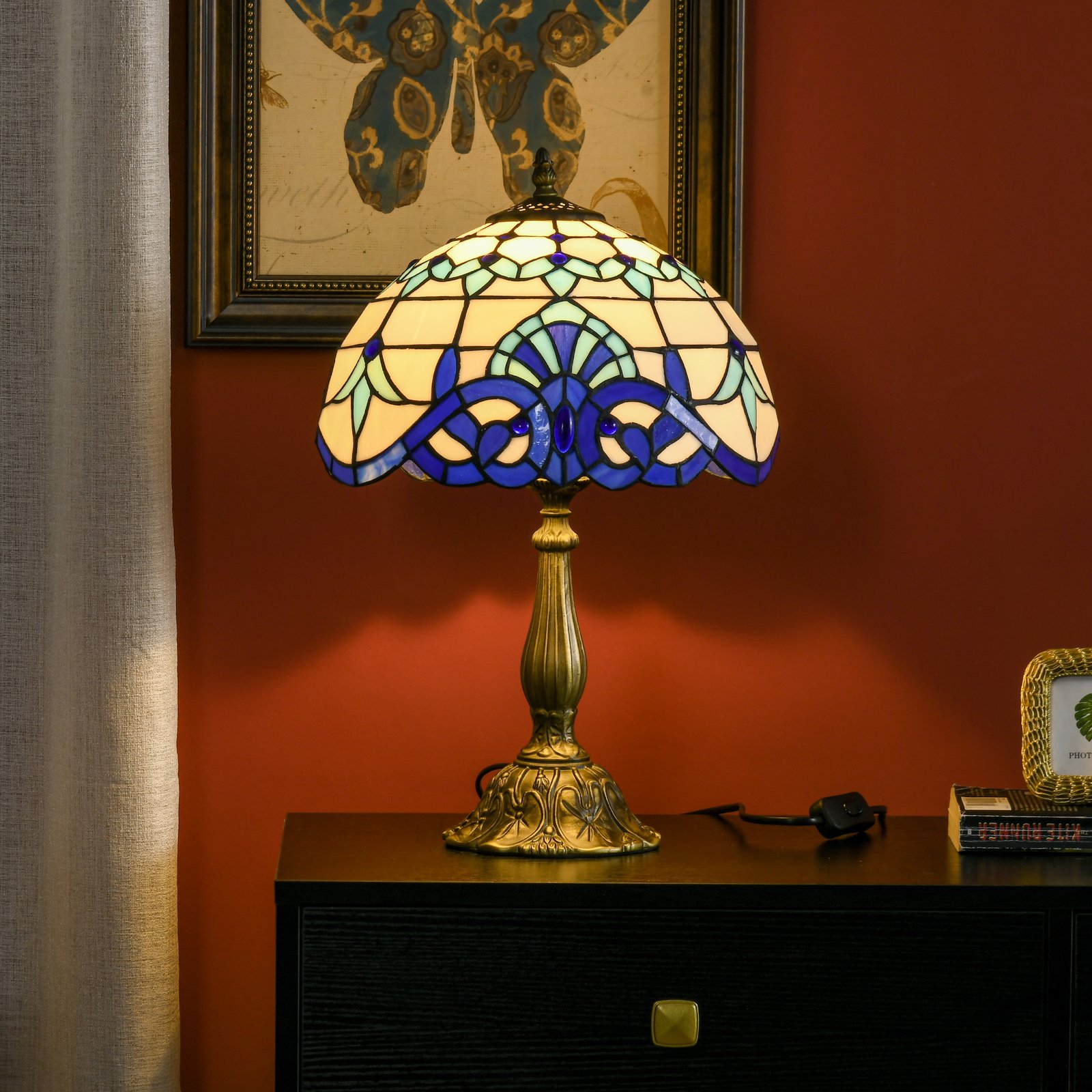 HOMCOM Stained Glass Table Lamp, Handmade Antique Bedside Lamp for Bedroom, Living room, Home, Nightstand, Decorative Night Light, Blue - Image 6