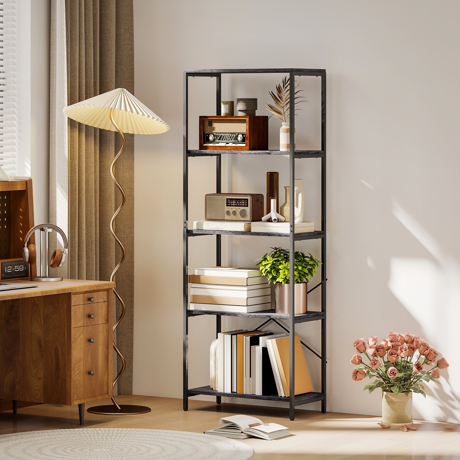 HOMCOM 5-Tier Bookshelf, Industrial Bookcase with Metal Frame - Dark Grey and Black - Image 2