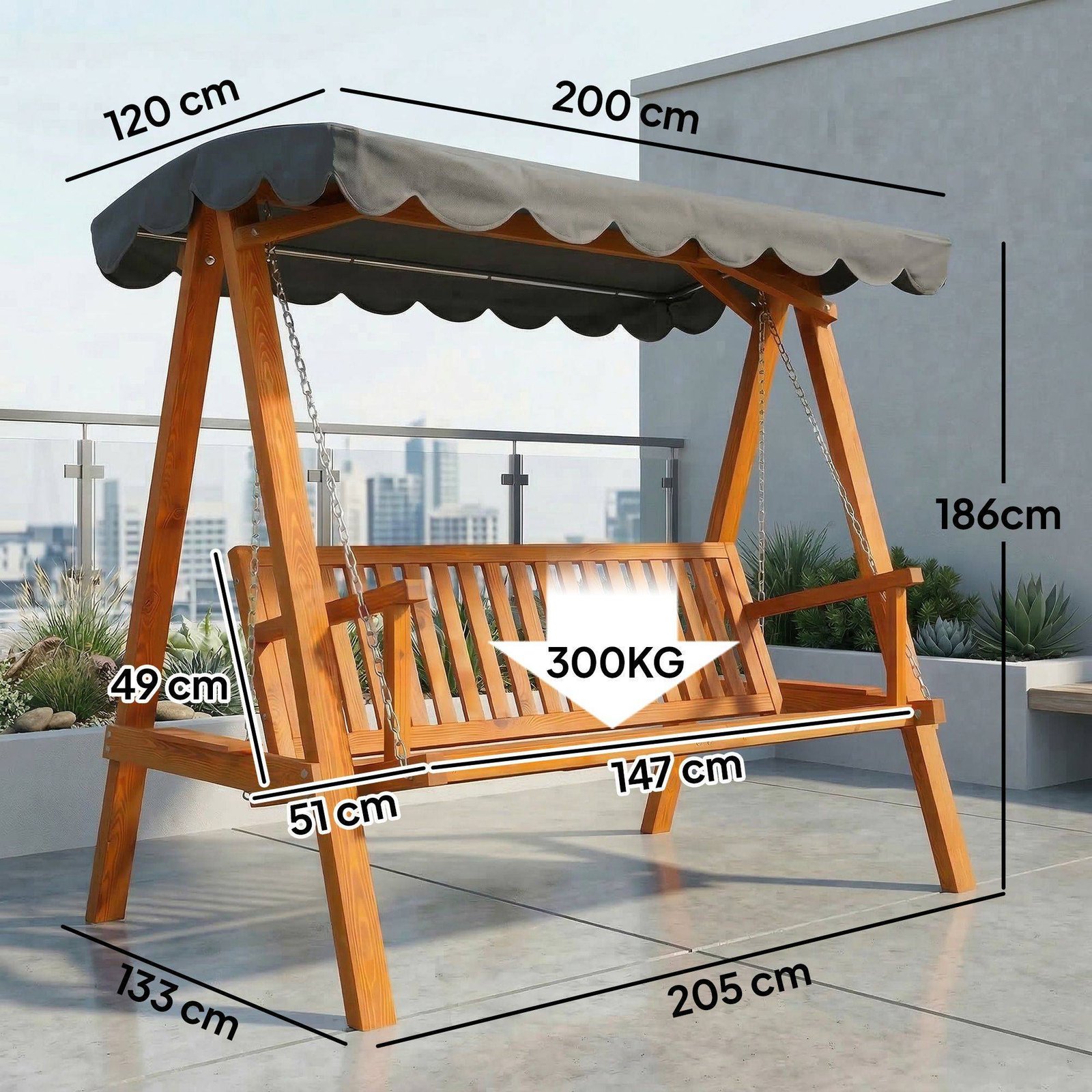 Outsunny 3 Seater Garden Swing Seat with Canopy, Wooden Swing Chair, Outdoor Hammock Bench for Balcony Patio Porch, Dark Grey - Image 3