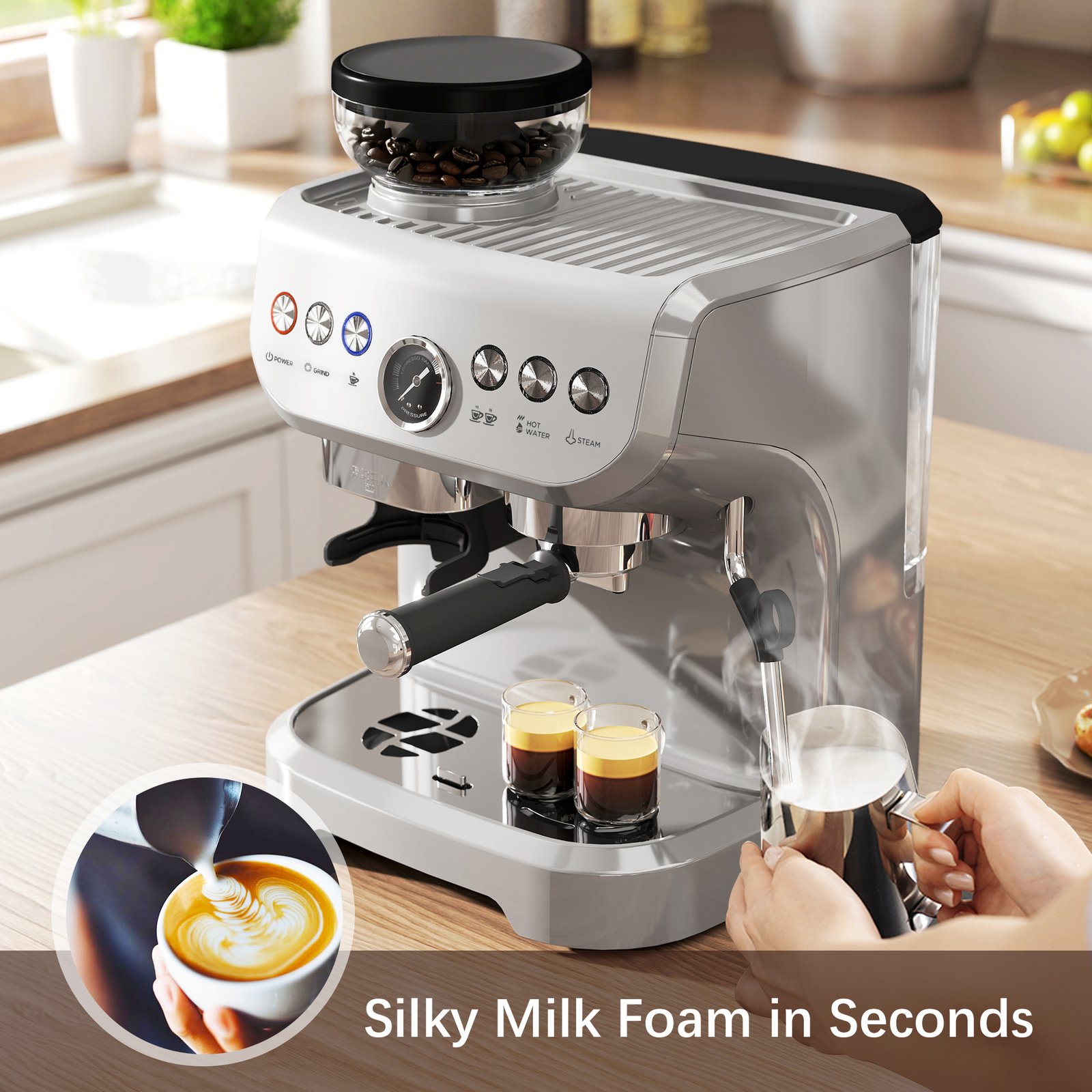 HOMCOM 15 Bar Coffee Machine with 15 Adjustable Grind Setting, Steamer and Complete Kit - Silver Colour - Image 7