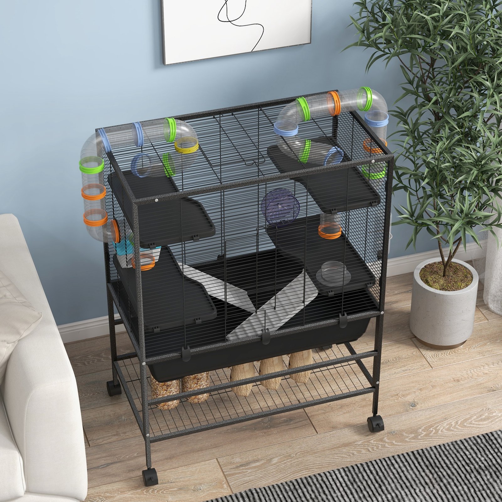 PawHut Large Hamster Cage, Gerbil Cage with Tubes, Storage Shelf, Ramps, Platforms, Running Wheel - Black - Image 9