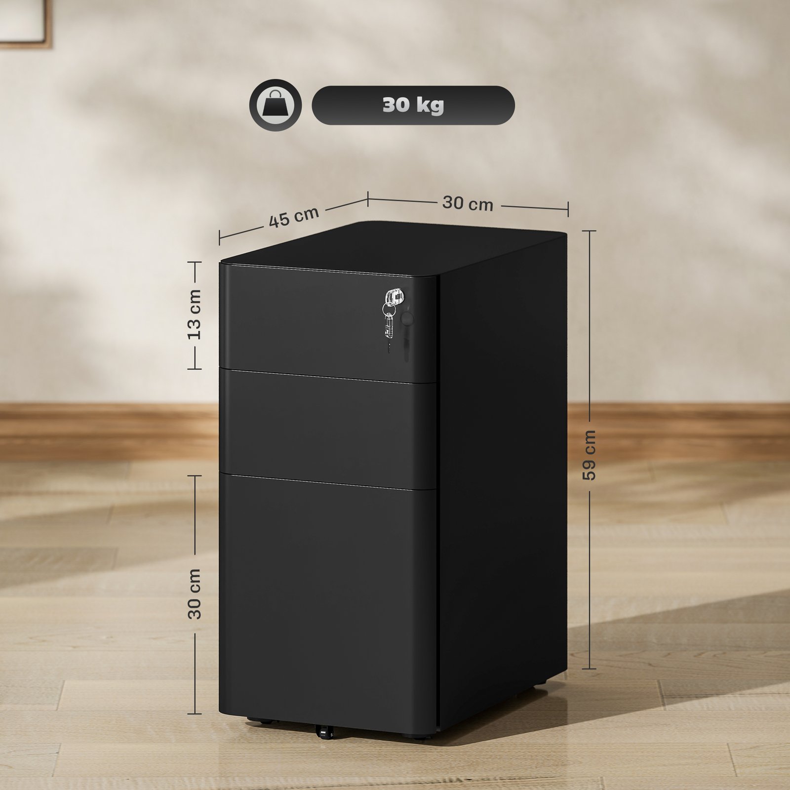 Vinsetto 3-Drawer Steel Filing Cabinet with Lock - Black - Image 3
