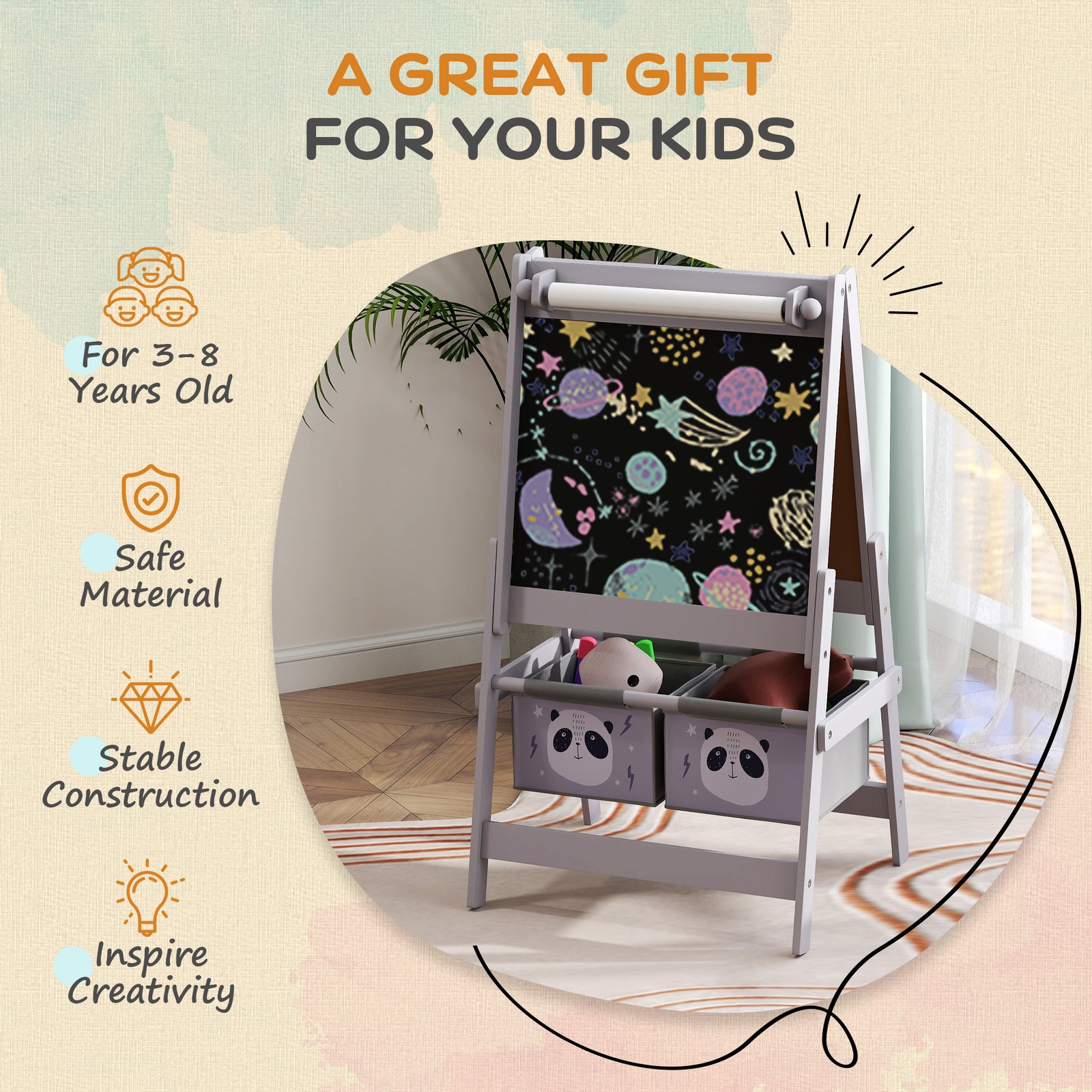 AIYAPLAY 3-In-1 Kids Easel with Paper Roll, Art Easel, with Storage - Grey - Image 6