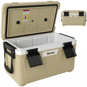 Outsunny 42.6L Insulated Cool Box, Lightweight Portable Ice Cooler with Handle, Lid and Drain Valve, Khaki