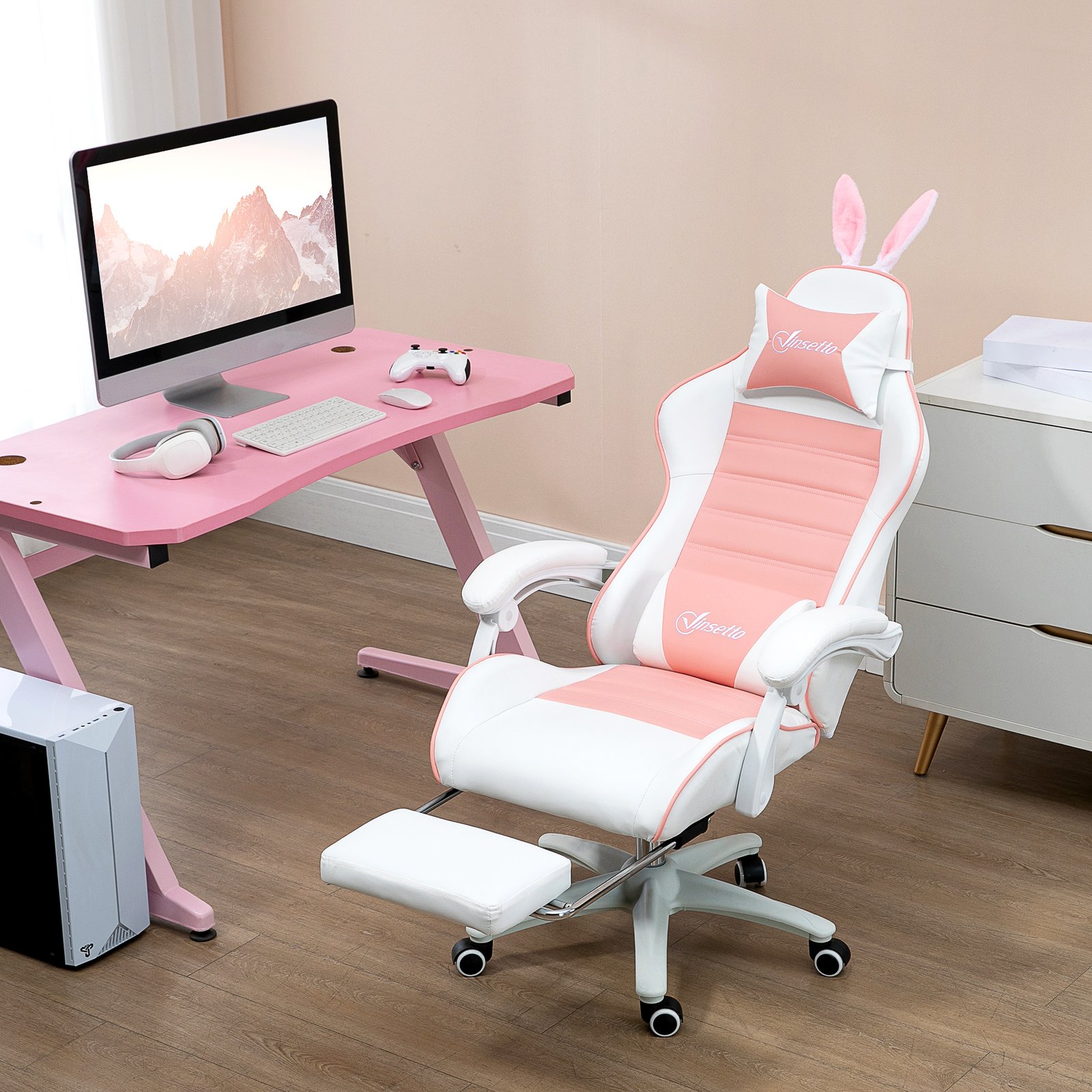 Vinsetto Racing Gaming Chair, Reclining PU Leather Computer Chair with Removable Rabbit Ears, Footrest, Headrest and Lumber Support, Pink - Image 2