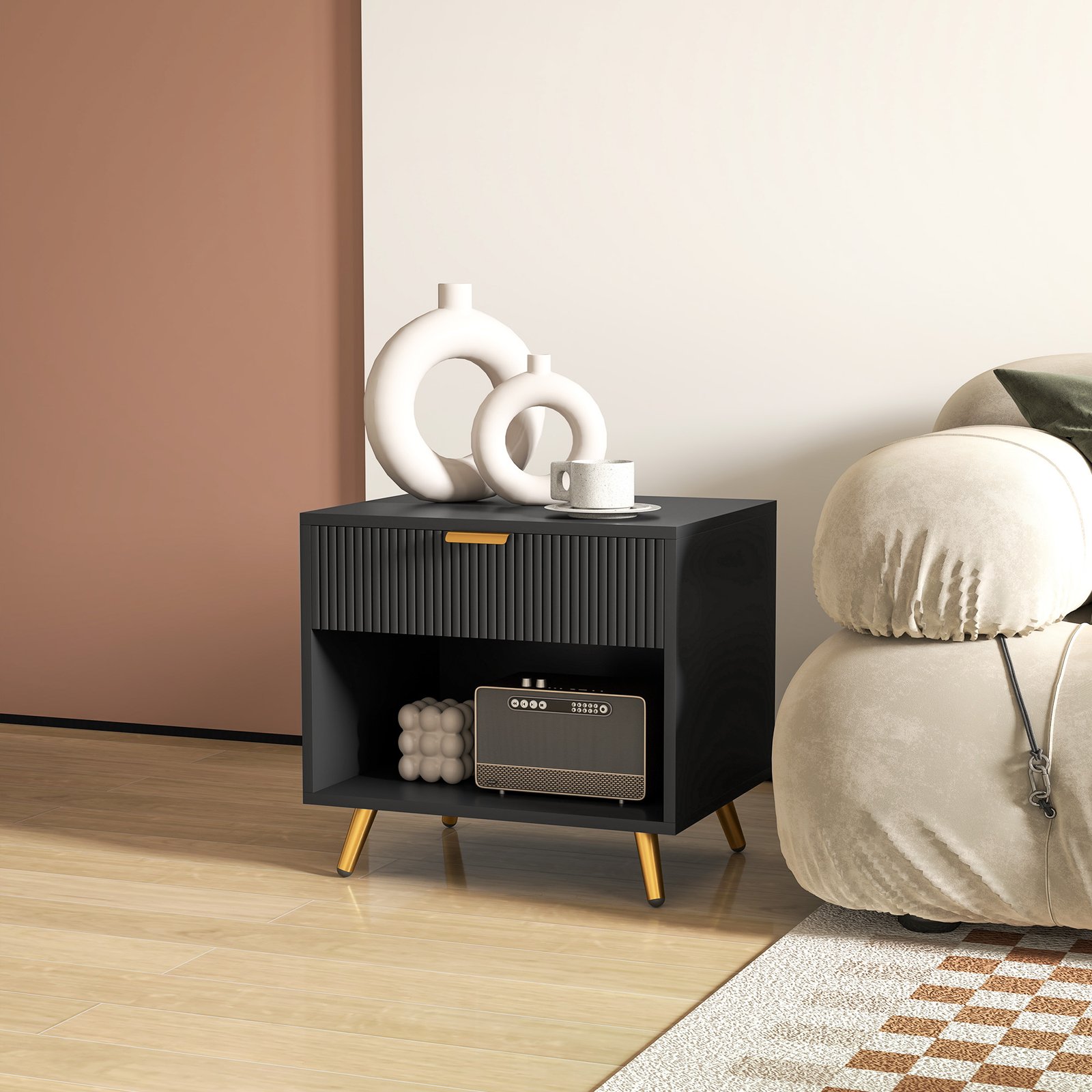 HOMCOM Elegant Bedside Table, with Drawer and Shelf - Black/Gold Tone - Image 8