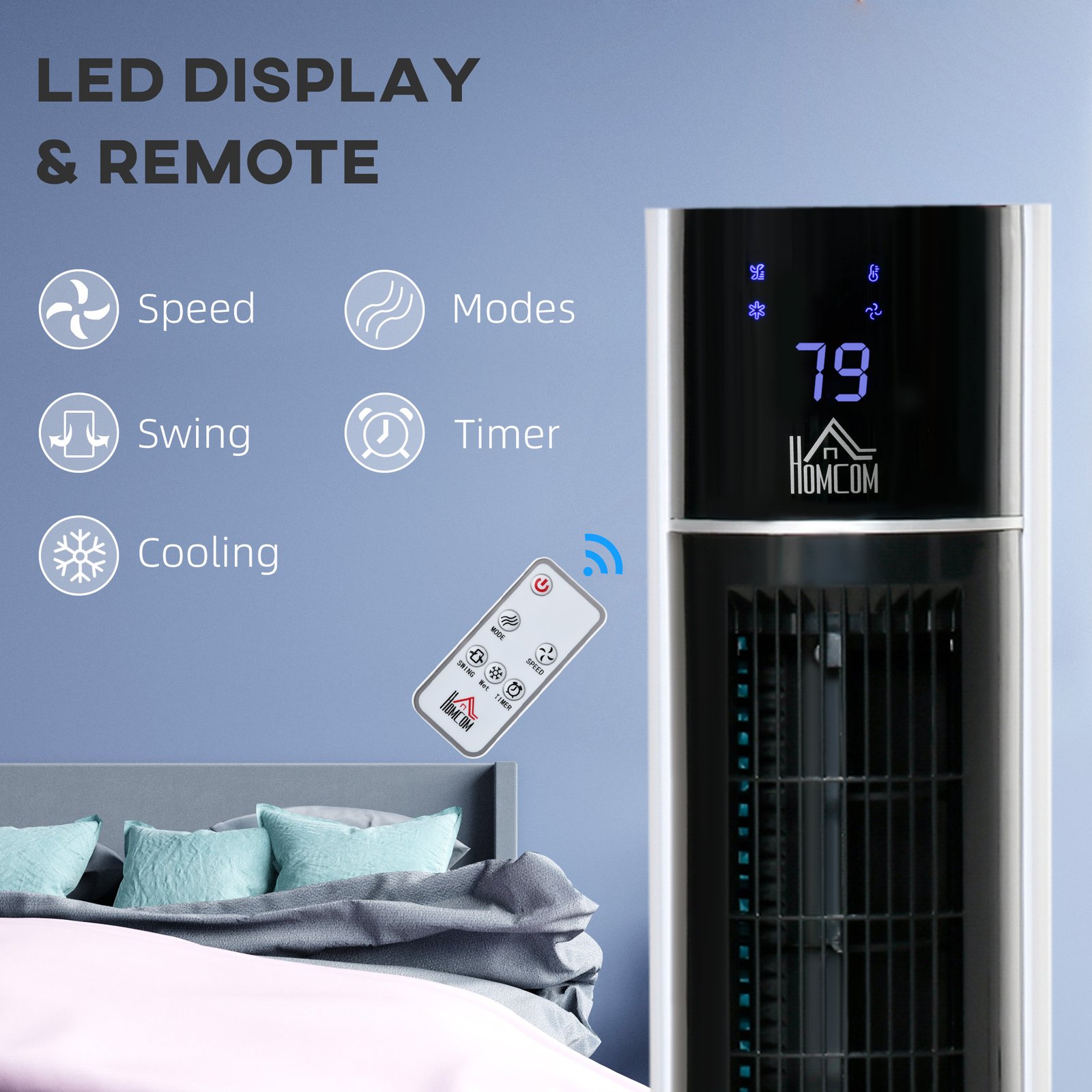 HOMCOM Portable Air Cooler, 3L Tank Evaporative Ice Cooling Tower Fan with 3 Modes, 3 Speeds, Remote, Timer, 60° Oscillating, Portable Swamp Cooler for Home Bedroom, White - Image 7