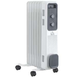HOMCOM 1500W Oil Filled Radiator, Portable Electric Heater with 3 Heat Settings, Safety Cut-Off and Wheels, White