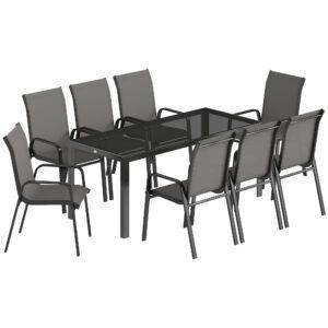 Outsunny 9 Pieces Garden Dining Set, Outdoor Table and Chairs Set for 8, Garden Furniture Set with Tempered Glass Top, Dark Grey