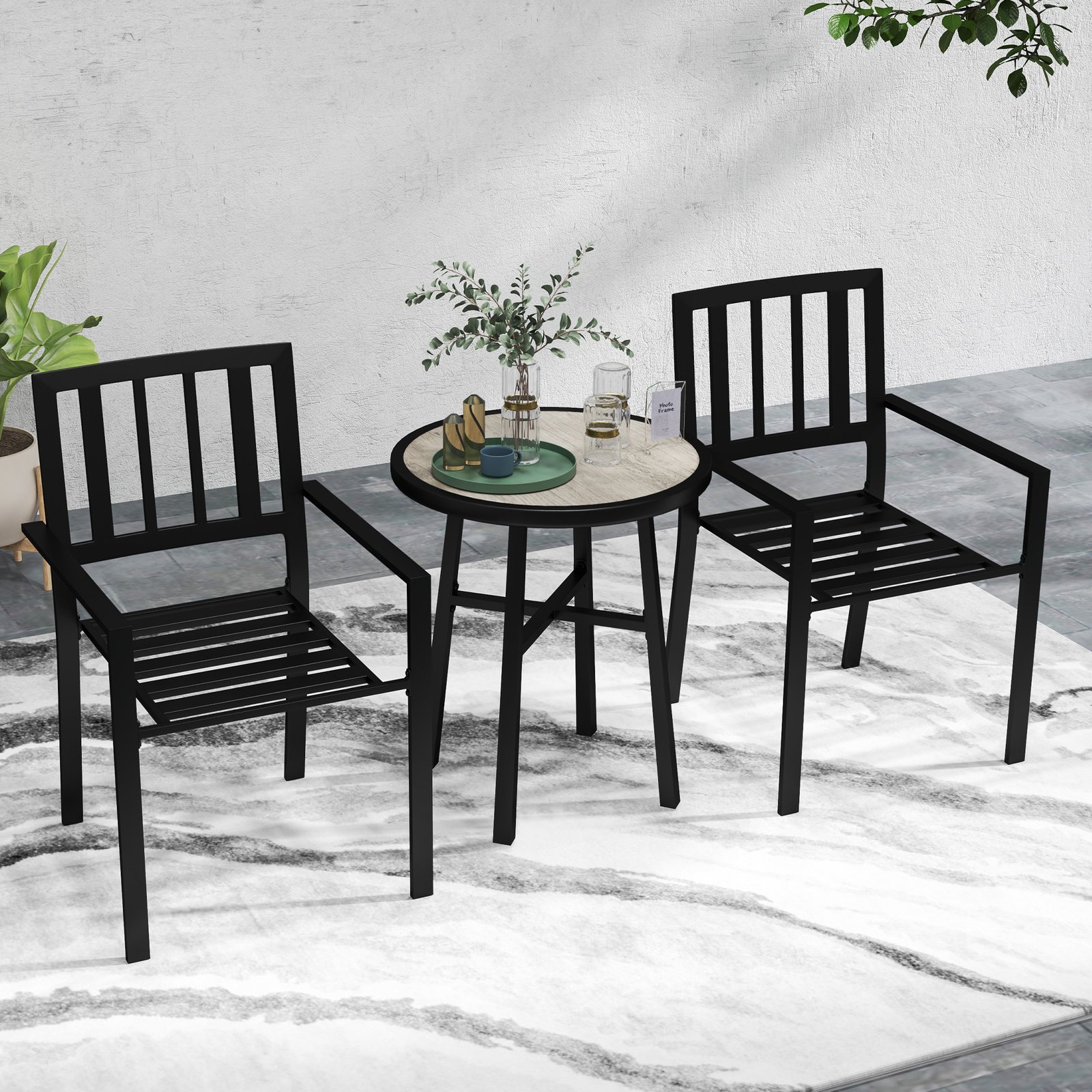 Outsunny 3 Piece Patio Bistro Set with Plastic Top, 2 Stackable Chairs, Galvanised Steel Frame, Grey - Image 2