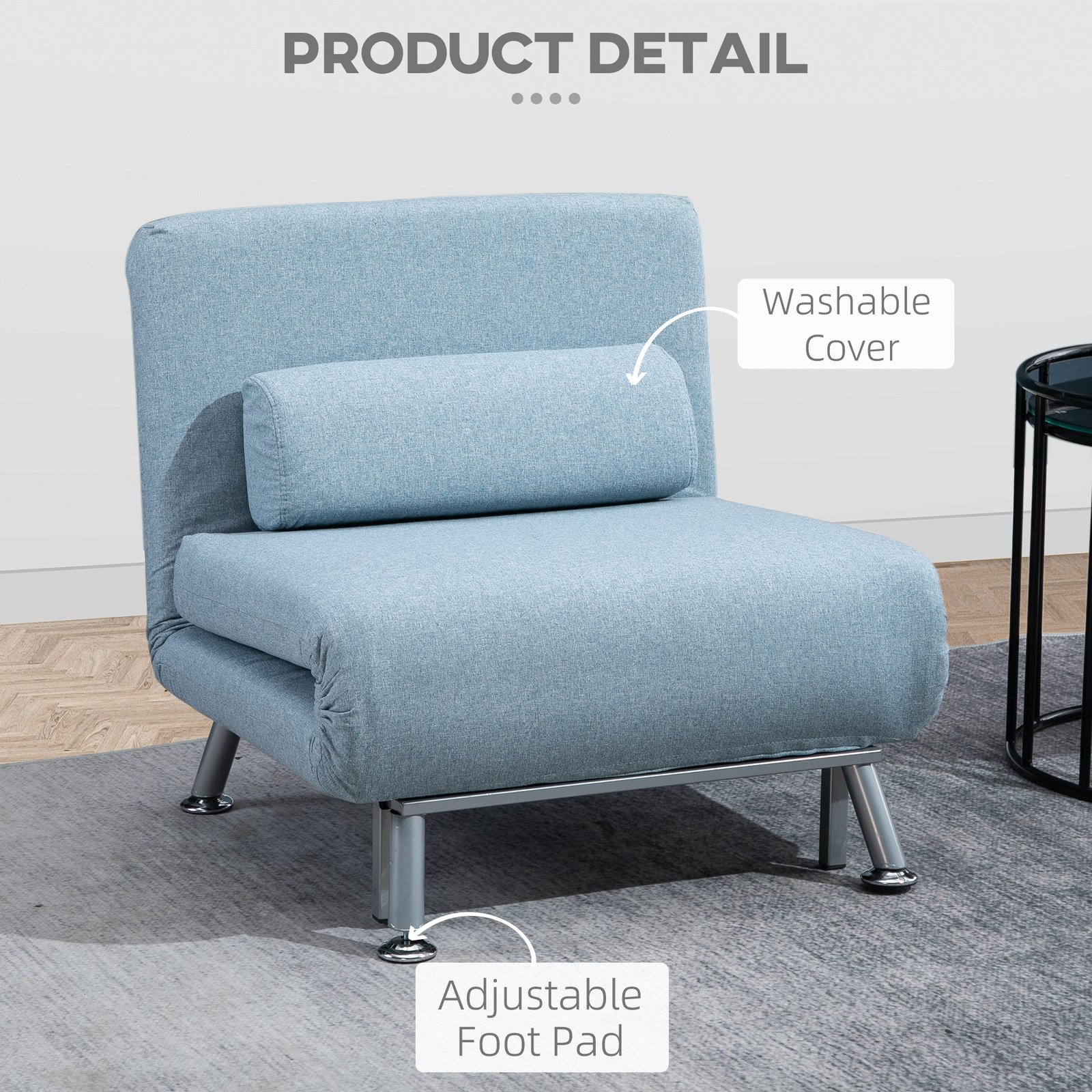 HOMCOM Single Sofa Chair Bed, Linen Fabric 3-in-1 Convertible Sleeper Chair with 5-Position Adjustable Backrest, 75cm Wide Seat, Pillow for Living Room, Bedroom, Sky Blue - Image 7