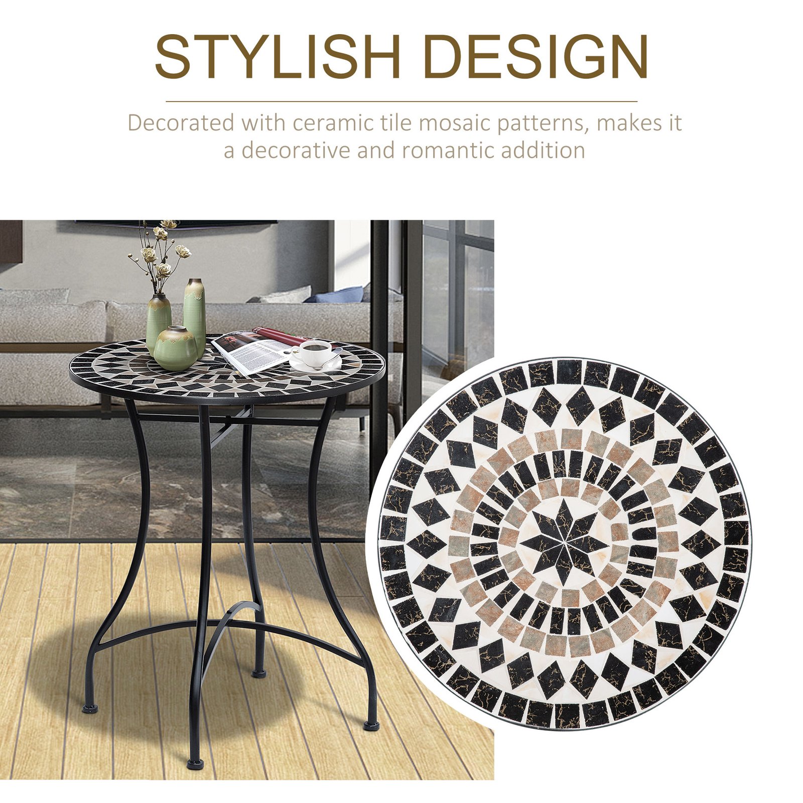 Outsunny ?60cm Mosaic Outdoor Patio Table - Black - Image 6