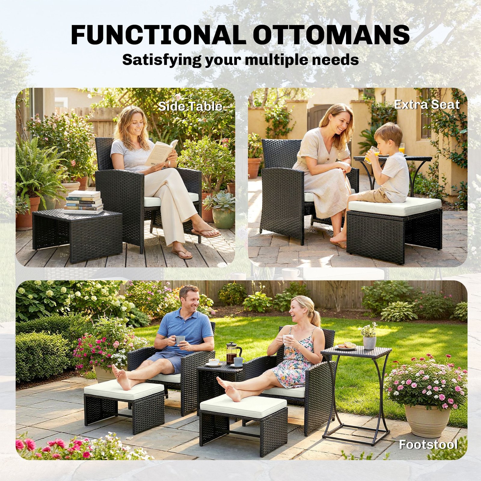 Outsunny 6 Piece Rattan Garden Furniture, Space-Saving Patio Furniture Set with Nesting Tables, Chairs, Stools, Cushions, Black - Image 7