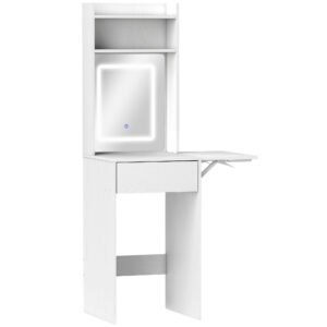 HOMCOM Small Vanity Desk with Mirror and LED Lights, Compact Dressing Table with Drop Leaf, Open Shelves and Drawer, White