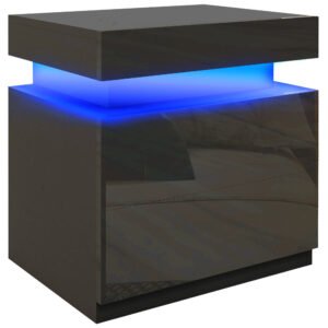 HOMCOM Black Bedside Table with LED Light, High Gloss Front Nightstand with 2 Drawers, for Living Room, Bedroom