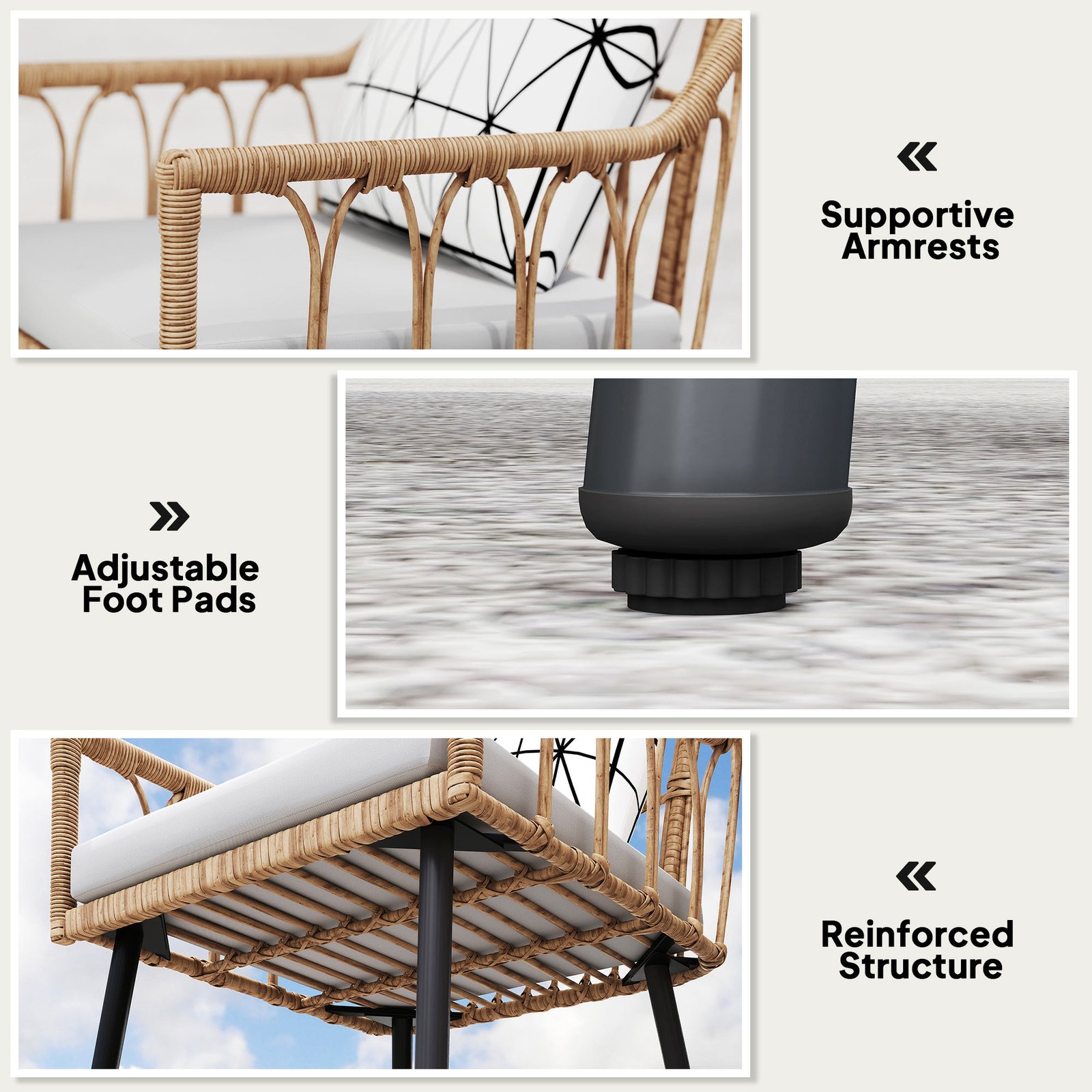 Outsunny 5 Piece Patio Rattan Dining Set, Wicker Garden Table and Chairs w/ Removable Seat & Back Cushions, Round Tempered Glass Tabletop, Parasol Hole, Outdoor Furniture Conservatory Set, Light Brown - Image 8