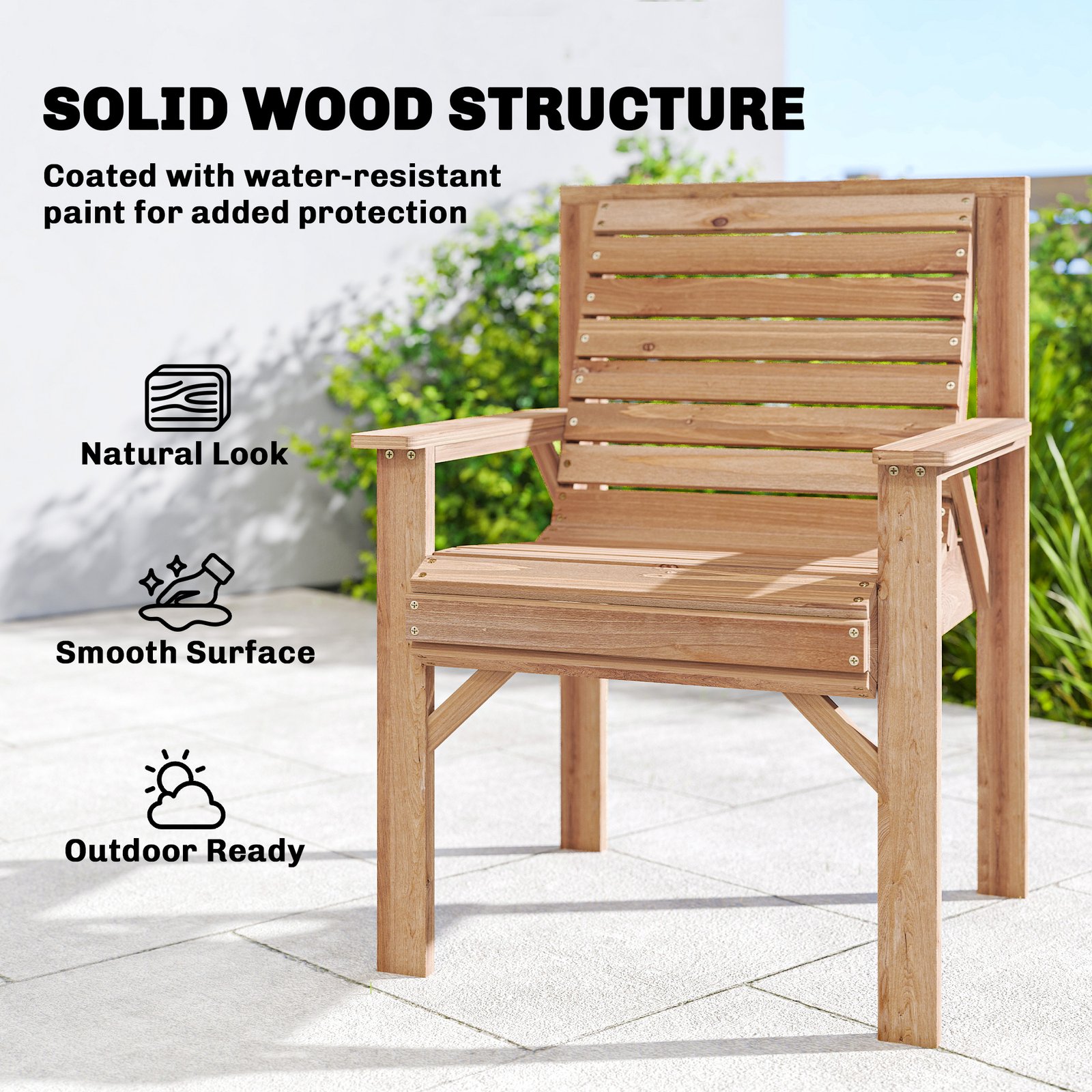 Outsunny Wooden Garden Dining Chair, Outdoor Chair Garden Armchair with Curved Seat and Wide Armrests, Natural Wood Finish - Image 6