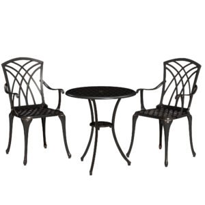 Outsunny 3 Pieces Garden Dining Set for 2, Cast Aluminium Outdoor Dining Set with 2 Armchairs and Round Dining Table with Parasol Hole, Garden Furniture Bistro Set, Bronze Tone