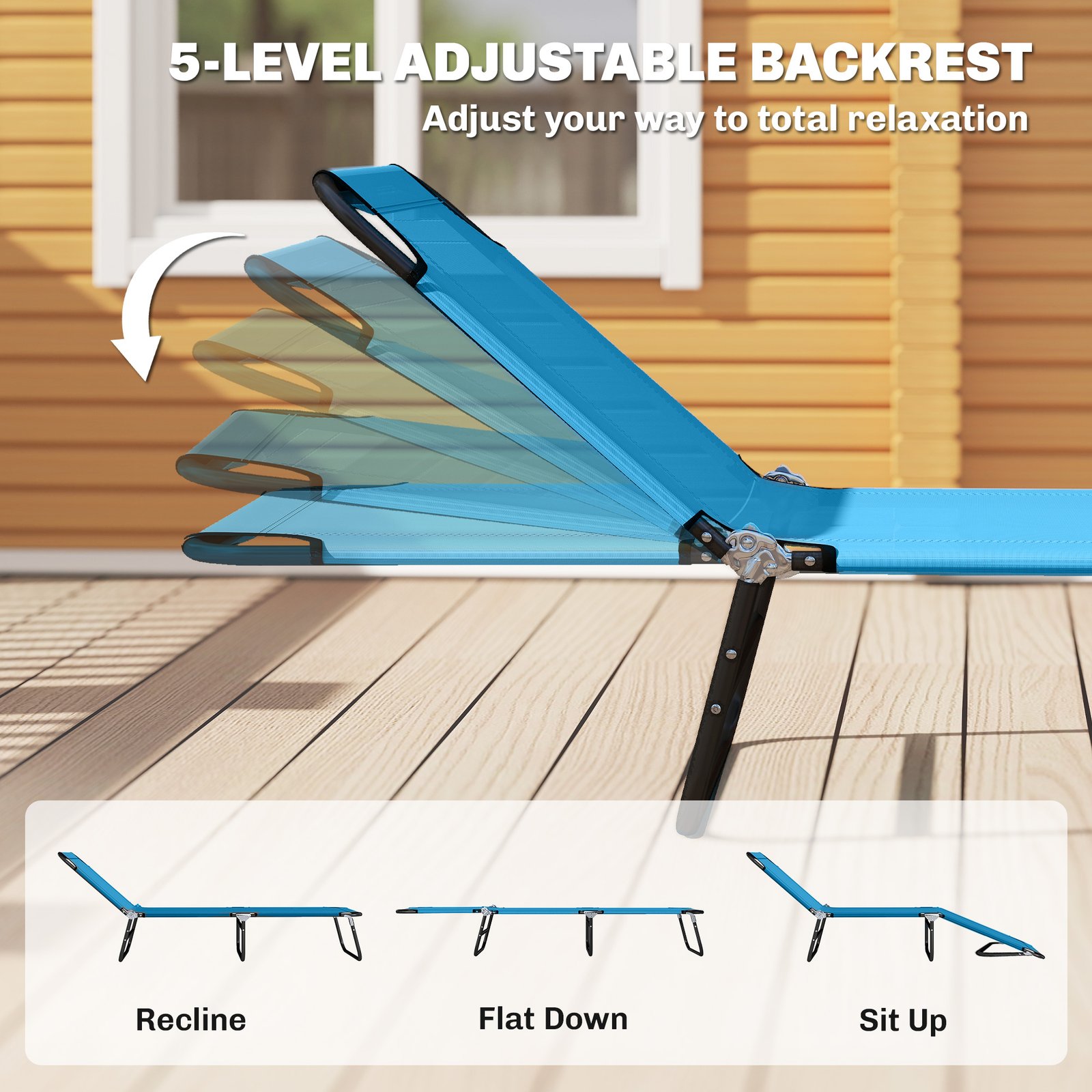 Outsunny Garden Sun Lounger, with Five-Position Back - Sky Blue - Image 4