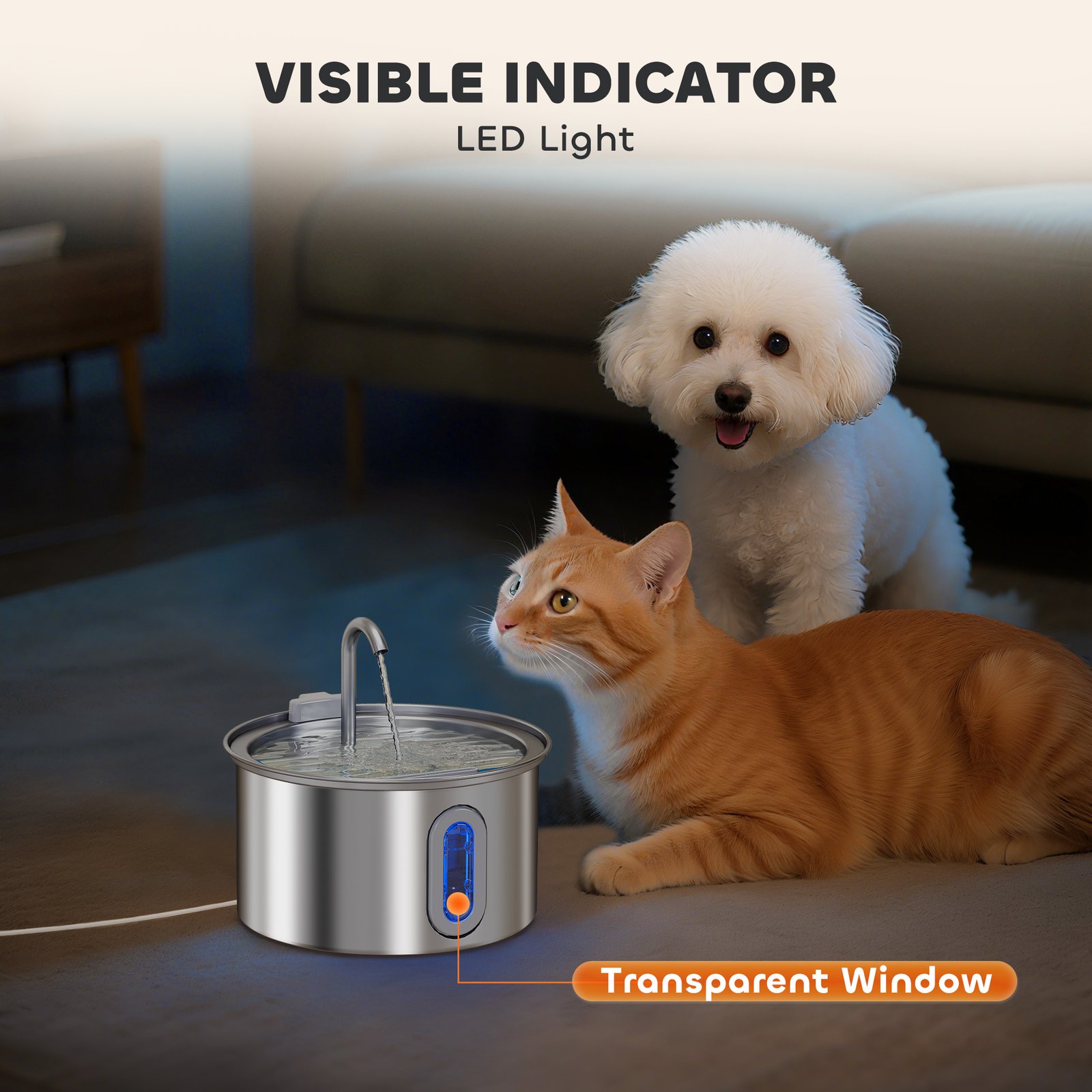 PawHut 2.5L Stainless Steel Cat Water Fountain for Drinking with Ultra-Silent Pump, Water-Level Window, 7 Filters - Image 9