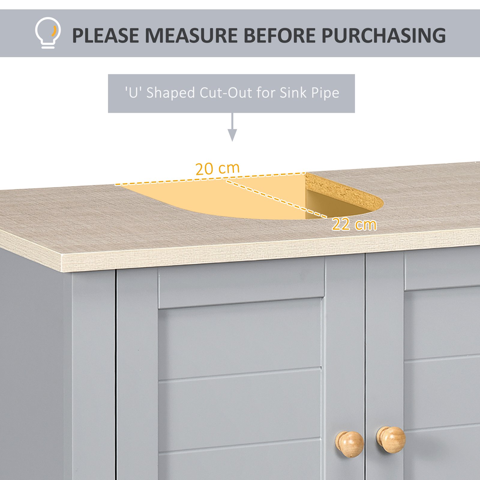 kleankin Under Sink Cabinet, Bathroom Vanity Unit, Pedestal Under Sink Design, Storage Cupboard with Adjustable Shelf, Grey - Image 3