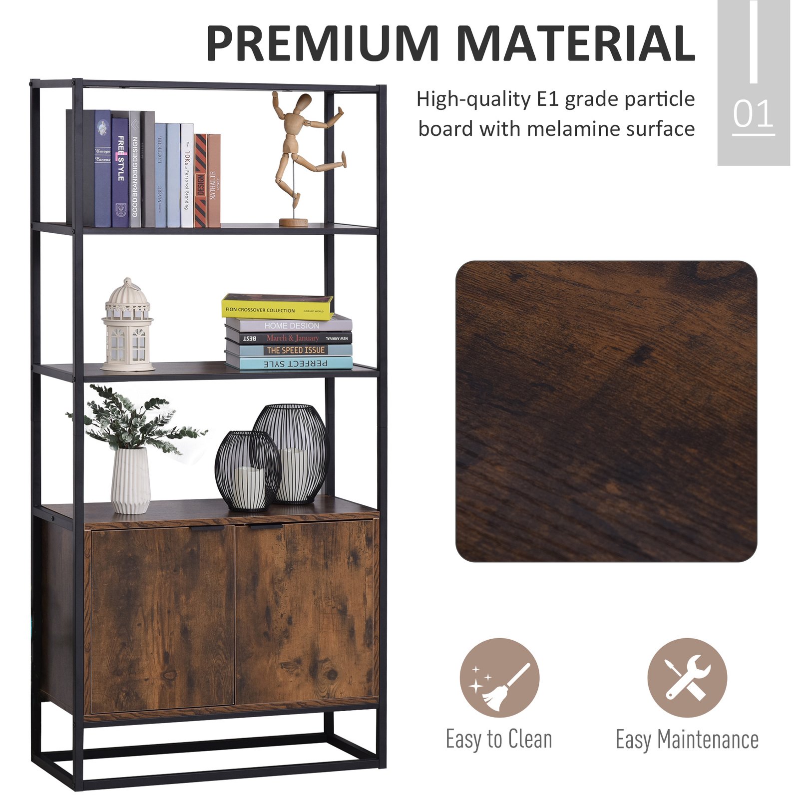 HOMCOM Industrial Bookshelf, Storage Shelf, Large Bookcase with 3 Open Shelves, Multifunctional Rack for Living Room, Office, Rustic Brown and Black - Image 4