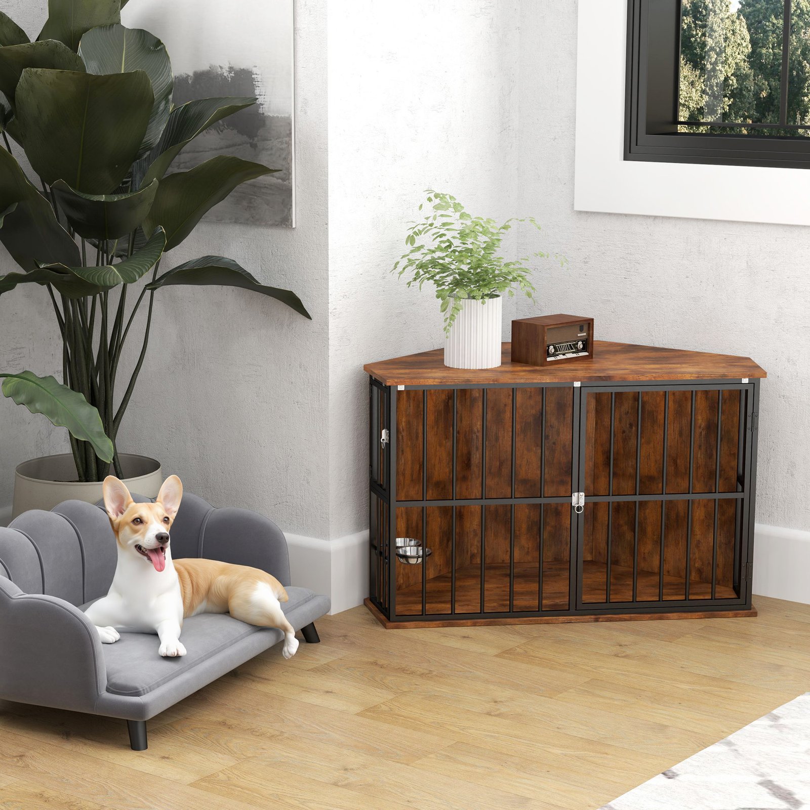 PawHut Corner Dog Crate Furniture with Two Bowls, Lockable Doors, for Small, Medium Dogs, Rustic Brown - Image 2