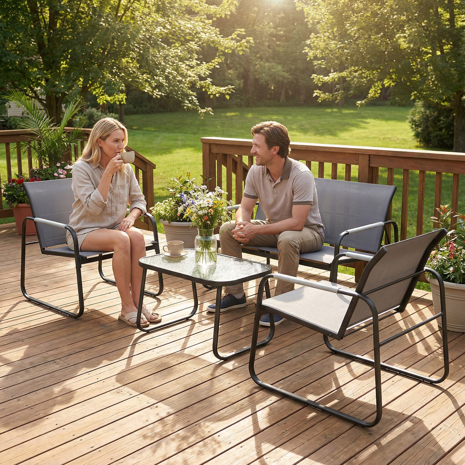 Outsunny 4 Piece Garden Furniture Set, Garden Sofa Set with Loveseat, 2 Armchairs, Tempered Glass Table for Balcony, Grey - Image 7