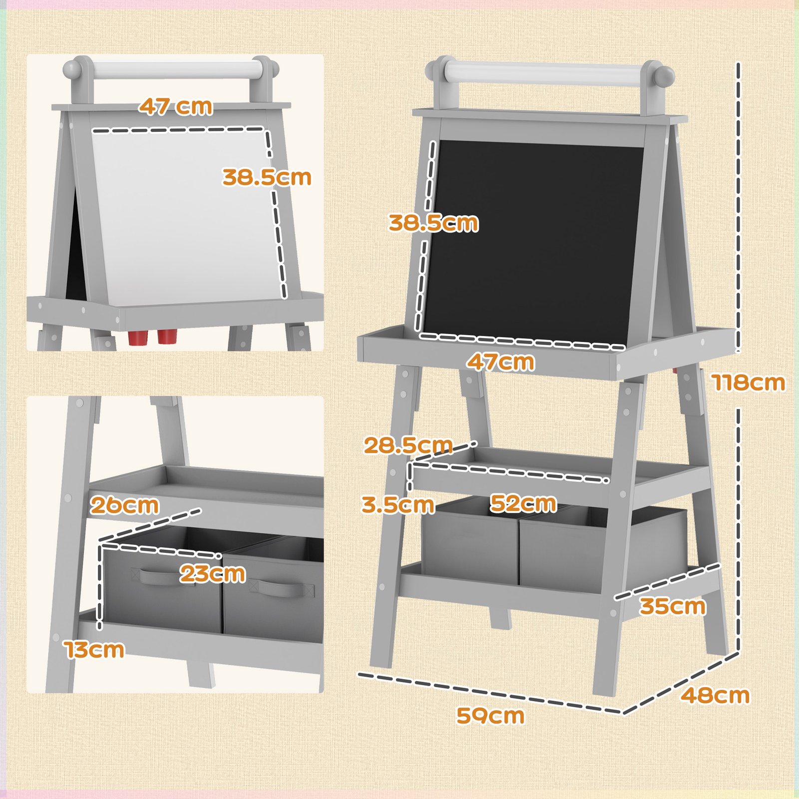 AIYAPLAY 3 in 1 Kids Easel Double-Sided Magnetic Whiteboard and Chalkboard with Paper Roll, Storage Baskets - Grey - Image 3