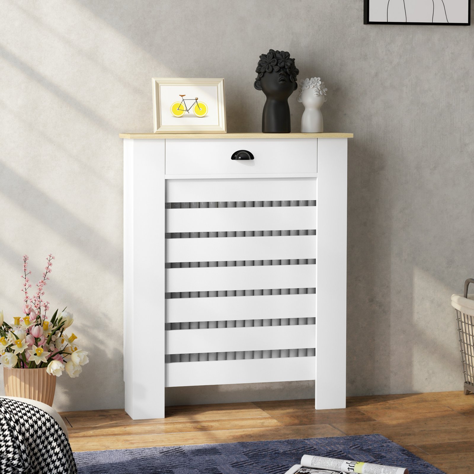 HOMCOM 95.5H x 78Wcm Radiator Cover, with Drawer - White - Image 9