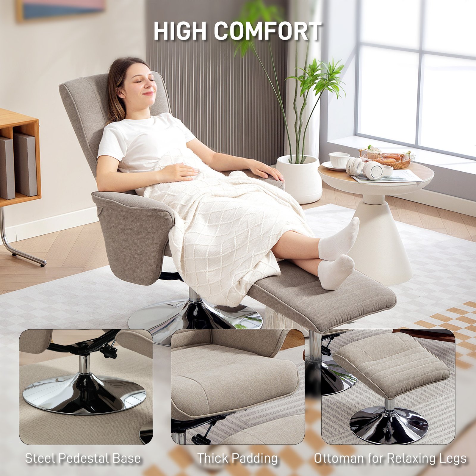 HOMCOM Swivel Recliner Chair with Footstool, Velvet Recliner Armchair with Ottoman, Steel Base, Upholstered Reclining Chair for Living Room, Bedroom, Office, Beige - Image 6