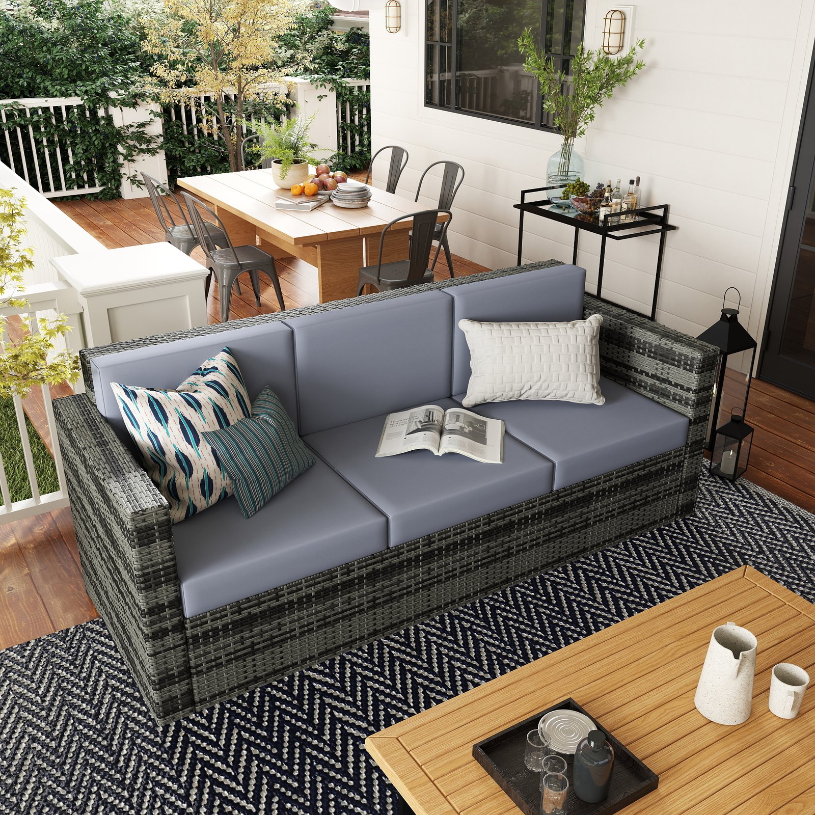 Outsunny 3 Seater All Weather Outdoor Sofa, Garden Rattan Sofa with Cushions and Mental Frame, Grey - Image 2