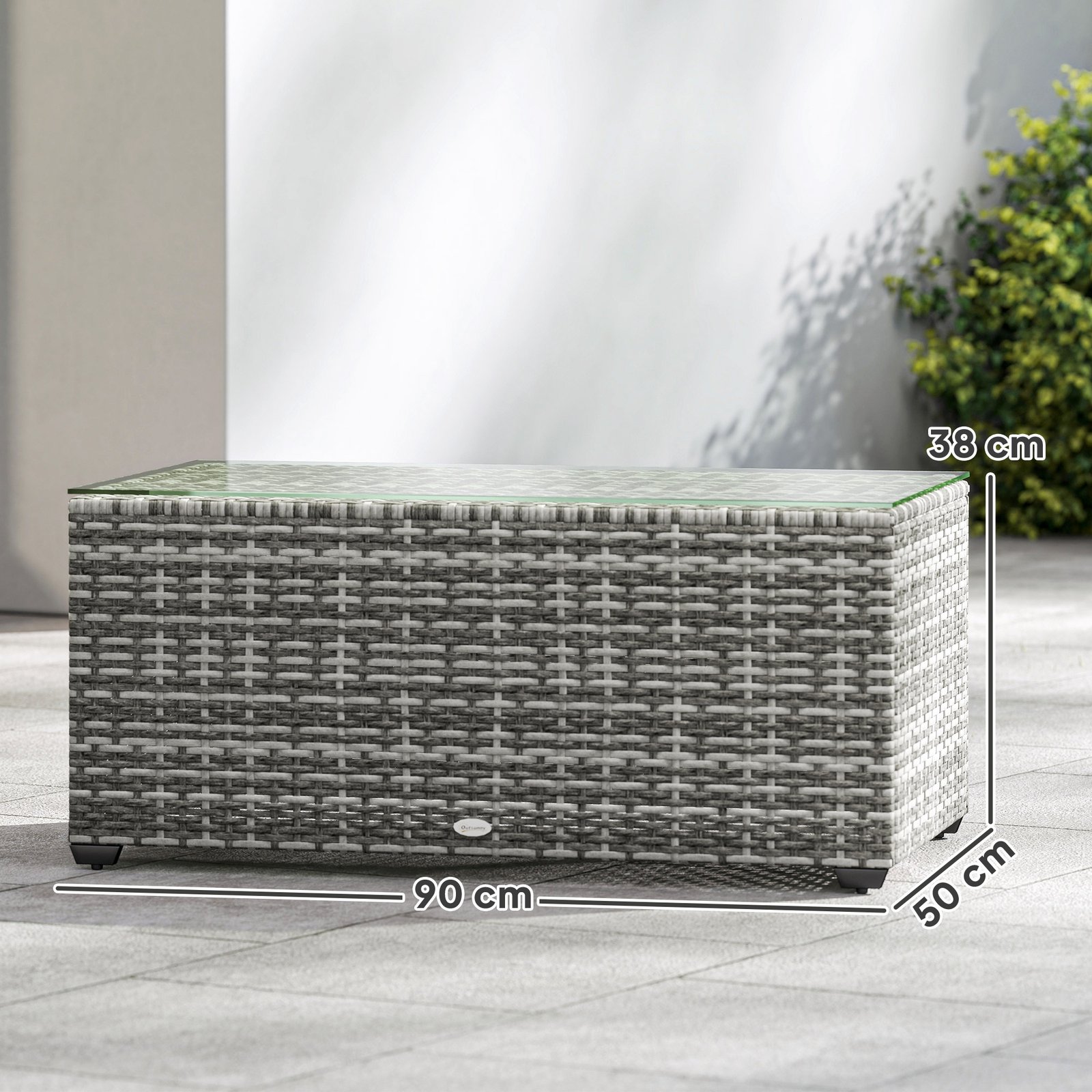 Outsunny 90 x 50cm Glass-Top Rattan Side Table - Light Grey - Image 3