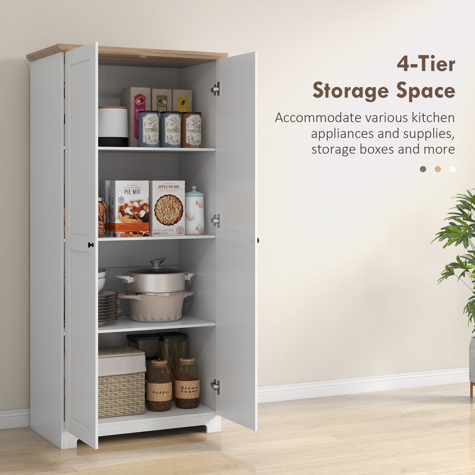 HOMCOM 172cm Kitchen Cupboard, Freestanding Storage Cabinet with Doors and Shelves, Modern 2-Door Kitchen Pantry Cupboard for Dining Room, White - Image 4