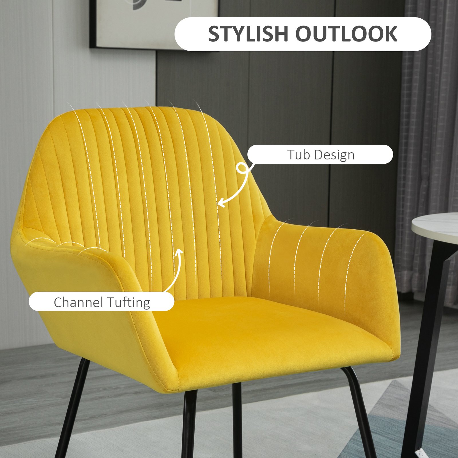 HOMCOM Modern Arm Chair Upholstered Accent Chair with Metal Base for Living Room Yellow - Image 4