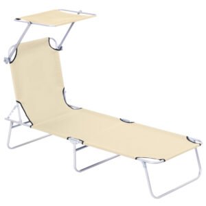 Outsunny Folding Sun Lounger with Canopy, Reclining Sunbed with 4-Position Adjustable Backrest, 600D Oxford Cloth, Portable Garden Lounger Recliner Chair for Beach, Camping, Patio, Beige