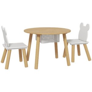 AIYAPLAY 3-Piece Kids Activity Table Set with Centre Mesh Bag, Bear-Shaped Backrest, for Arts and Crafts, Reading, Dining