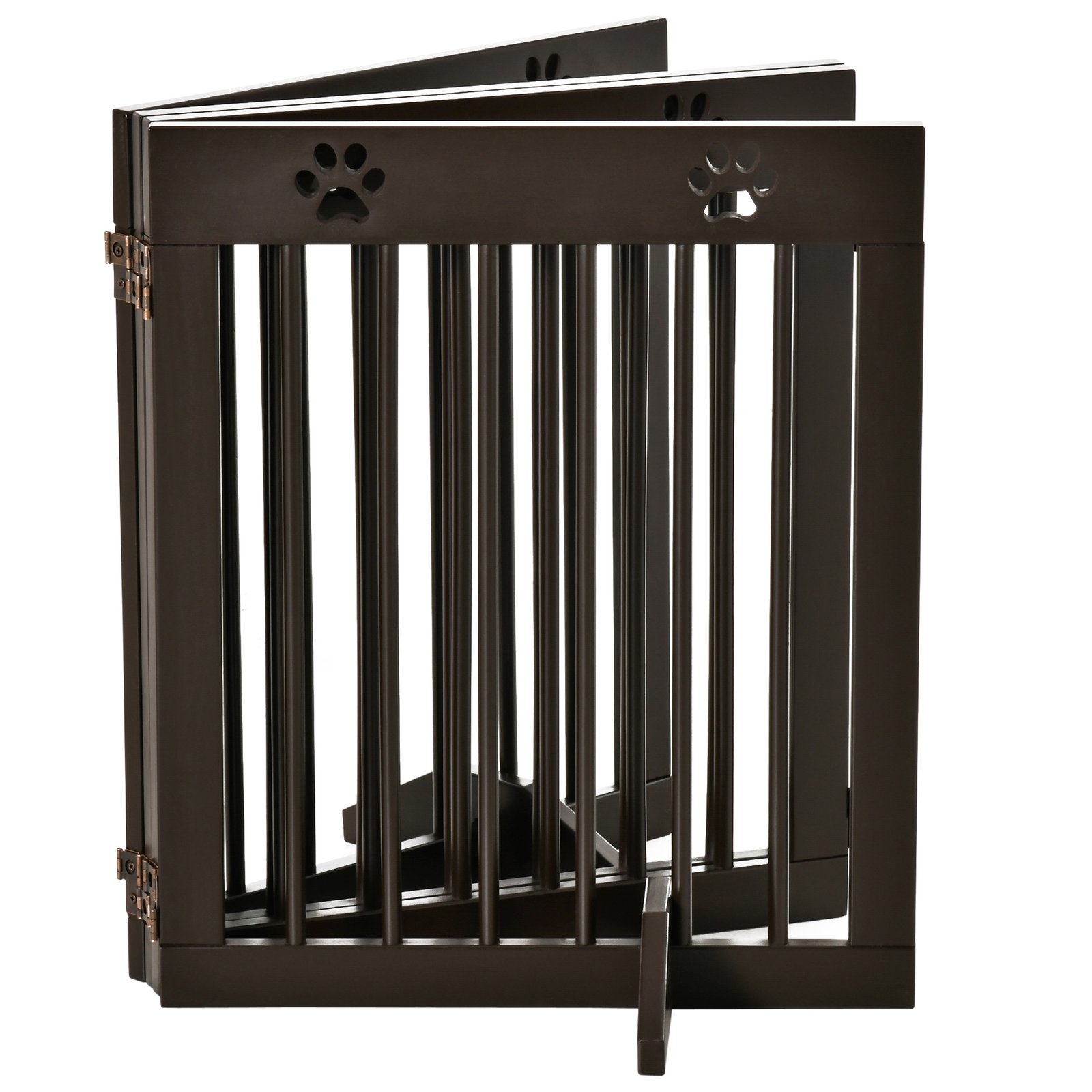 PawHut Freestanding Pet Gate 4 Panel Wooden Dog Barrier Folding Safety Fence with Support Feet up to 204cm Long 61cm Tall for Doorway Stairs Brown - Image 8