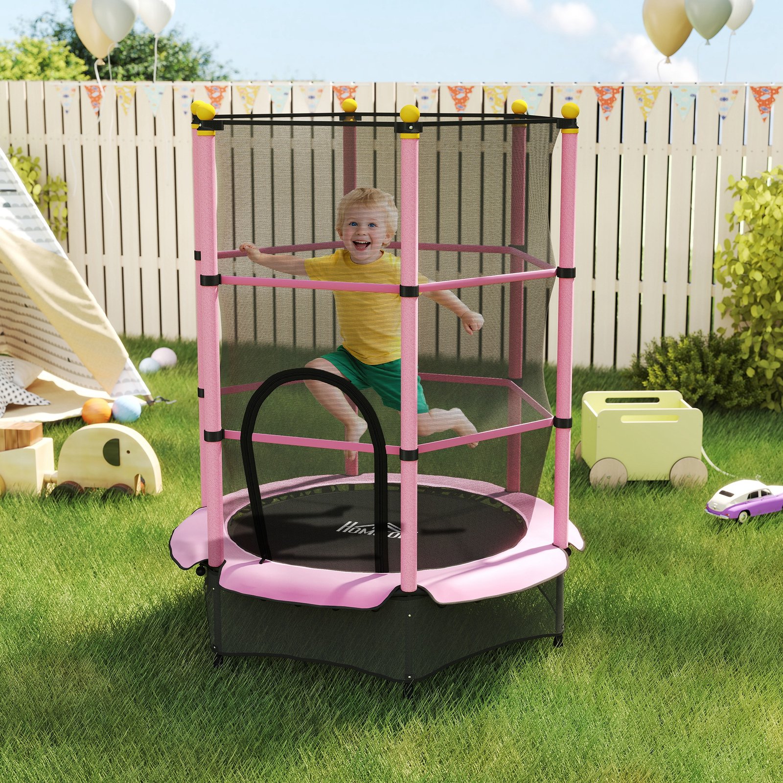 HOMCOM 4.6FT/55" Kids Trampoline with Enclosure Net, Outdoor Indoor Use, for Ages 3-10 Years, Pink - Image 2