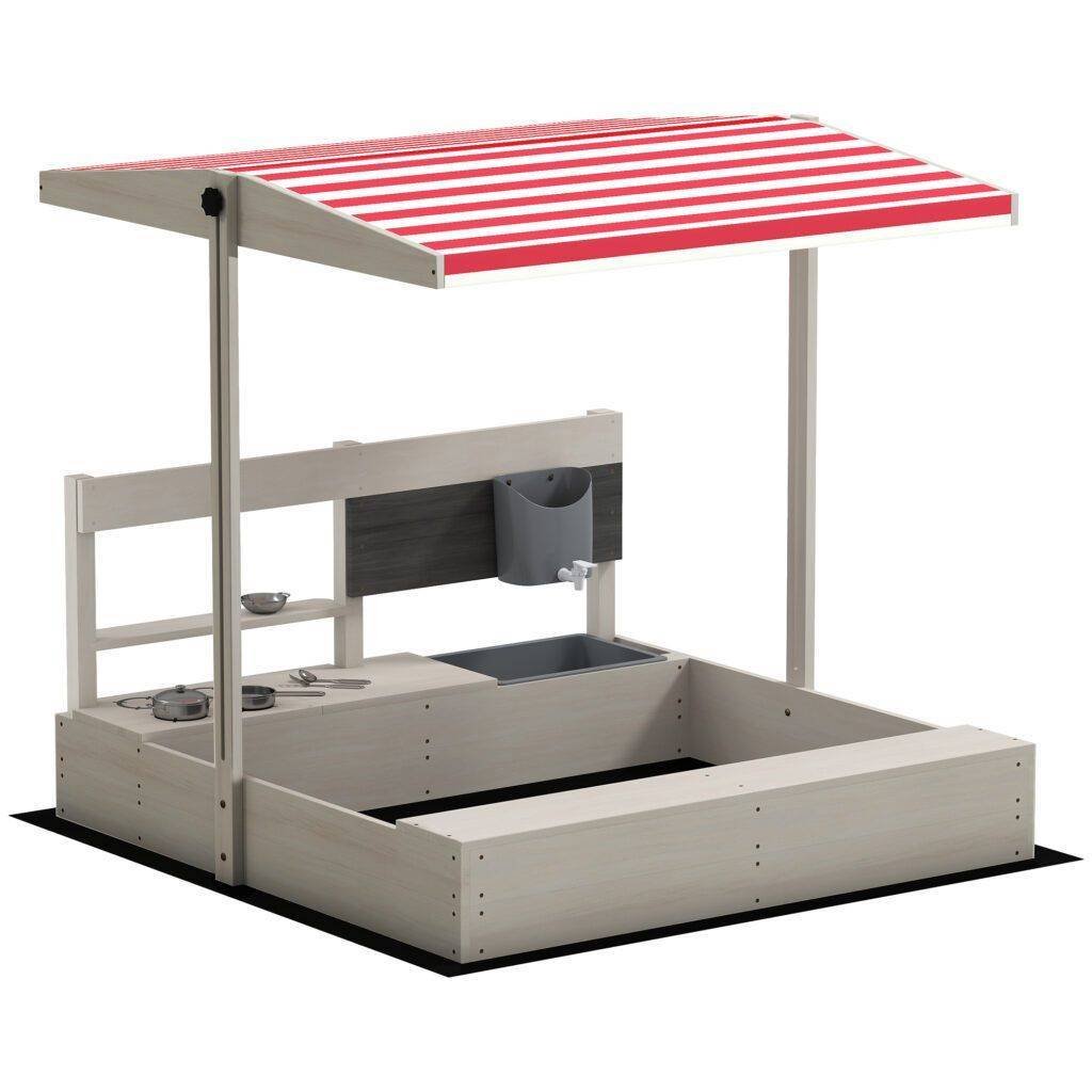 Outsunny Kids Wooden Sandbox w/ Canopy, Kitchen Toys, Seat, Storage, for Ages 3-7 Years Outsunny Kids Wooden Sandbox w/ Canopy, Kitchen Toys, Seat, Storage, for Ages 3-7 Years