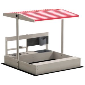Outsunny Kids Wooden Sandbox w/ Canopy, Kitchen Toys, Seat, Storage, for Ages 3-7 Years