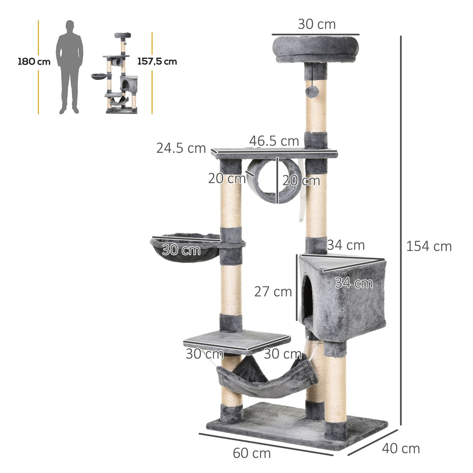 PawHut Cat Tree for Indoor Cats Condo Tower Multi-level Height 150CM Kittens Activity Stand House with Toys & Various Scratching Posts - Image 3
