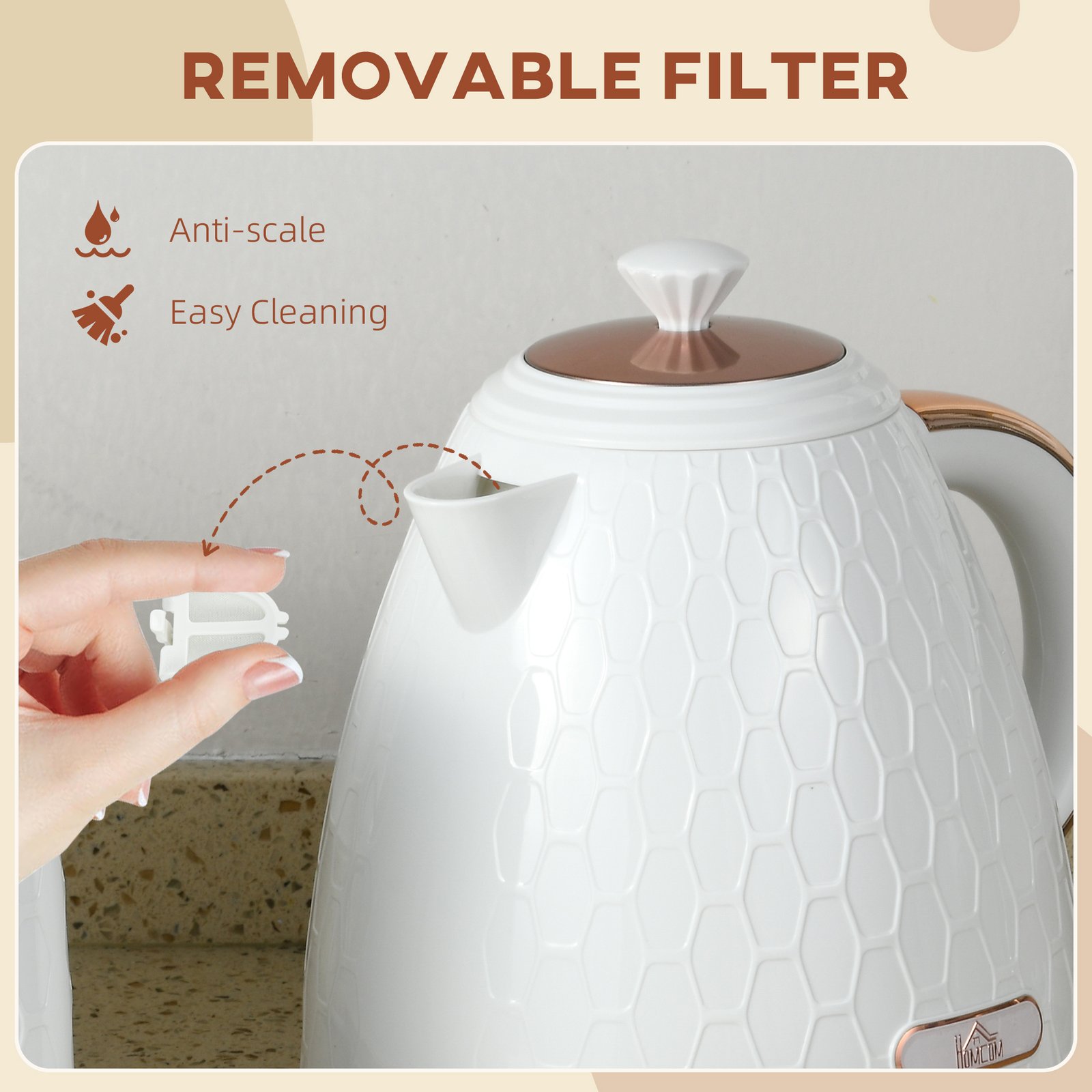 HOMCOM 3kW Rapid Boil Honeycomb Kettle - Cream - Image 8
