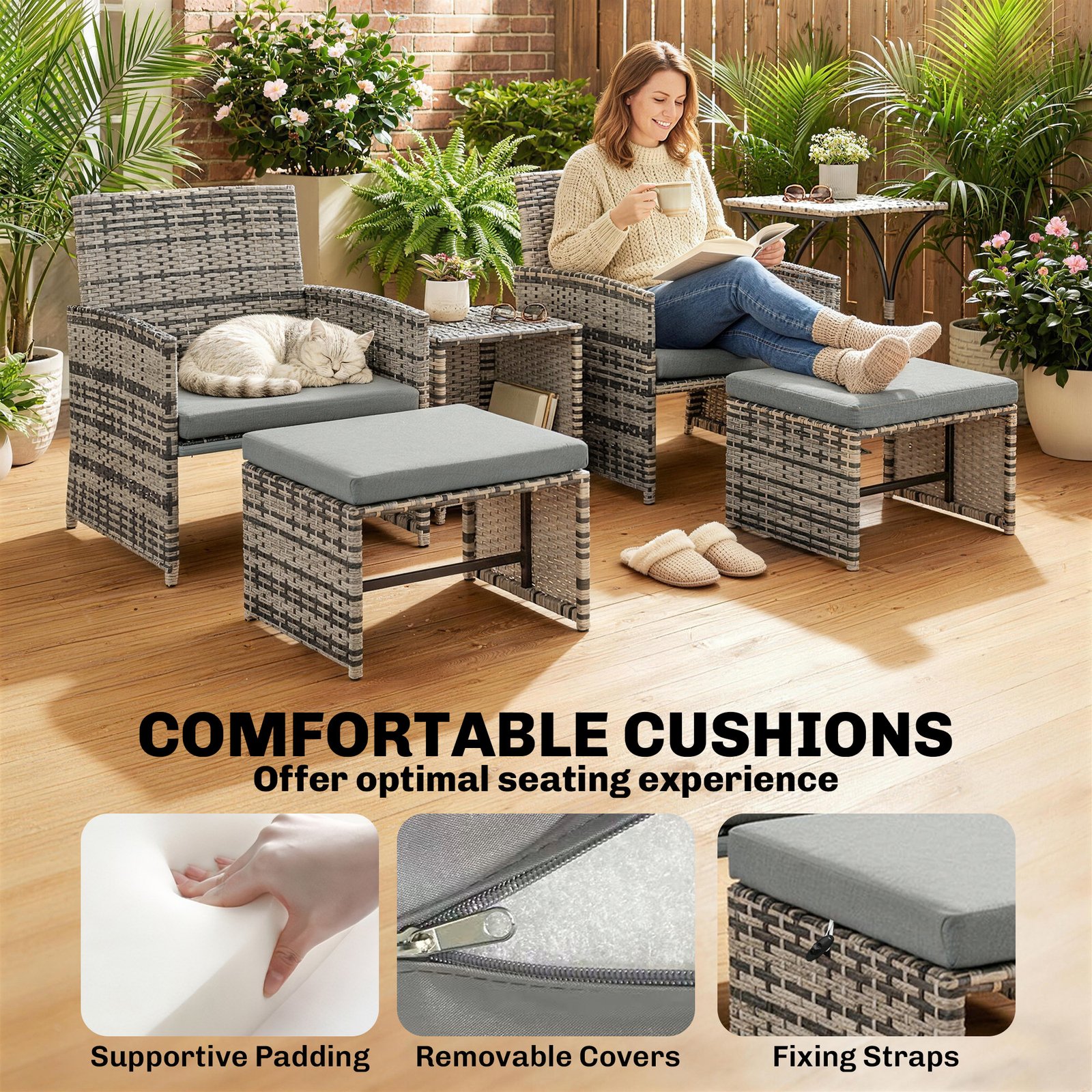Outsunny 6 Piece Rattan Garden Furniture, Space-Saving Patio Furniture Set with Nesting Tables, Chairs, Stools, Cushions, Grey - Image 8