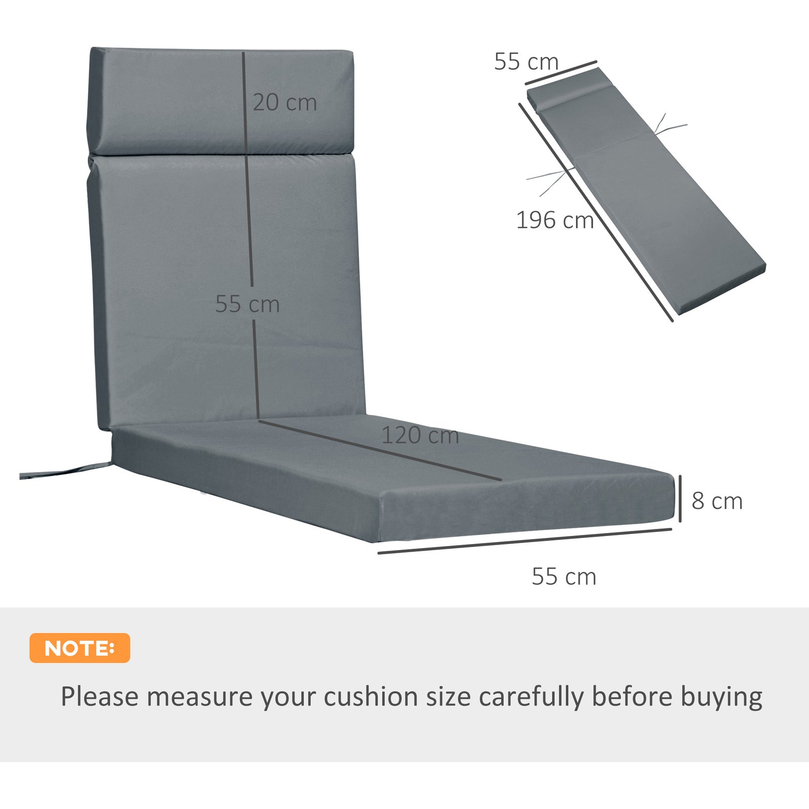 Outsunny Set of 2 Sun Lounger Cushions, Replacement Cushions for Rattan Furniture with Ties, 196 x 55 cm, Cushion ONLY, Dark Grey - Image 3