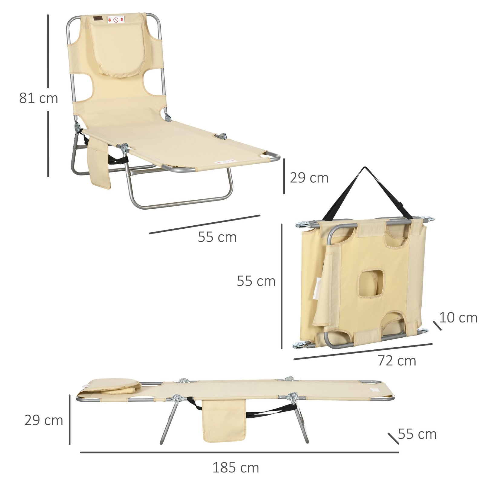 Outsunny Foldable Sun Lounger, Beach Chaise Lounge with Reading Hole, Arm Slots, 5-Position Adjustable Backrest, Side Pocket, Pillow for Garden, Beach, Camping, Beige - Image 3