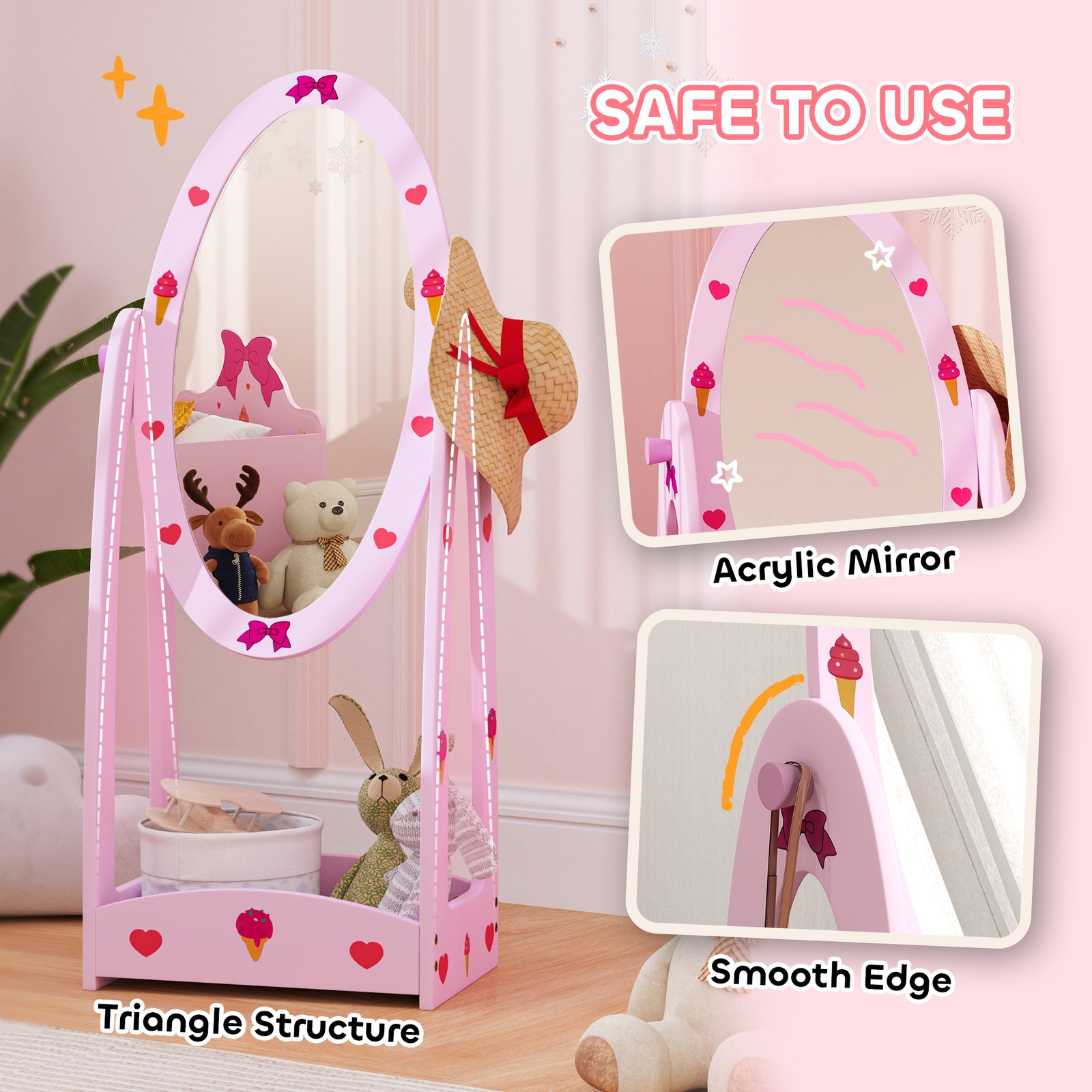 AIYAPLAY Kids Clothes Rail, Kids Dressing Mirror with 360° Rotating, 2 Piece Kids Furniture Set with Storage Shelves, Pink - Image 7