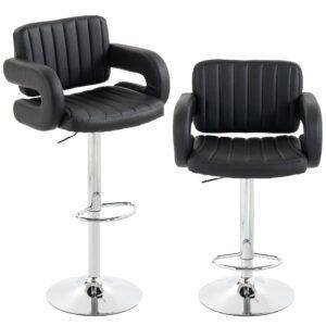 HOMCOM Bar Stools Adjustable Swivel Kitchen Chairs with Backrest Armrest Set of 2 PU Leather Black