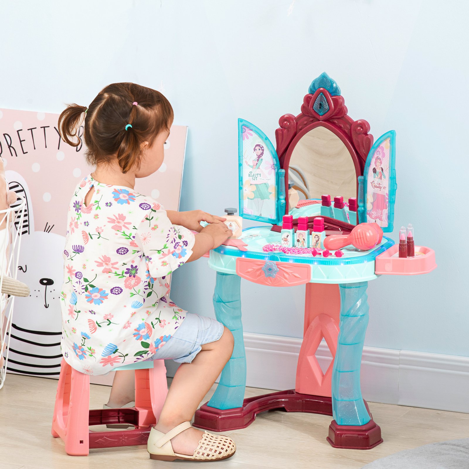 AIYAPLAY 31 Piece Kids Dressing Playset, with Magical Princess Mirror, Light and Sound - Pink and Blue - Image 2
