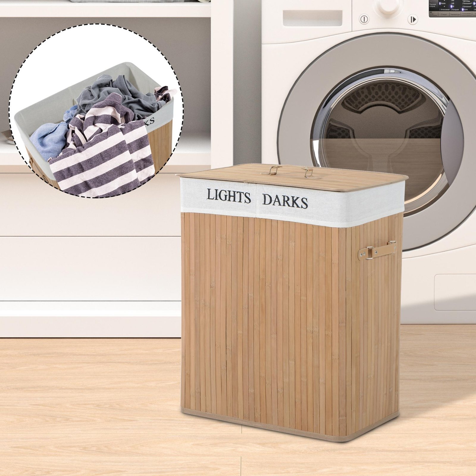 HOMCOM 100L Collapsible Natural Wood Laundry Hamper Organizer Clothes Washing Basket Bin Storage Box w/Lid Removable Lining 52x32x63cm, Wood Color - Image 2